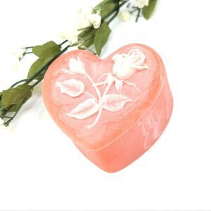 Vintage Incolay Soapstone Pink Carved White Rose Heart Jewelry Trinket Stash Box